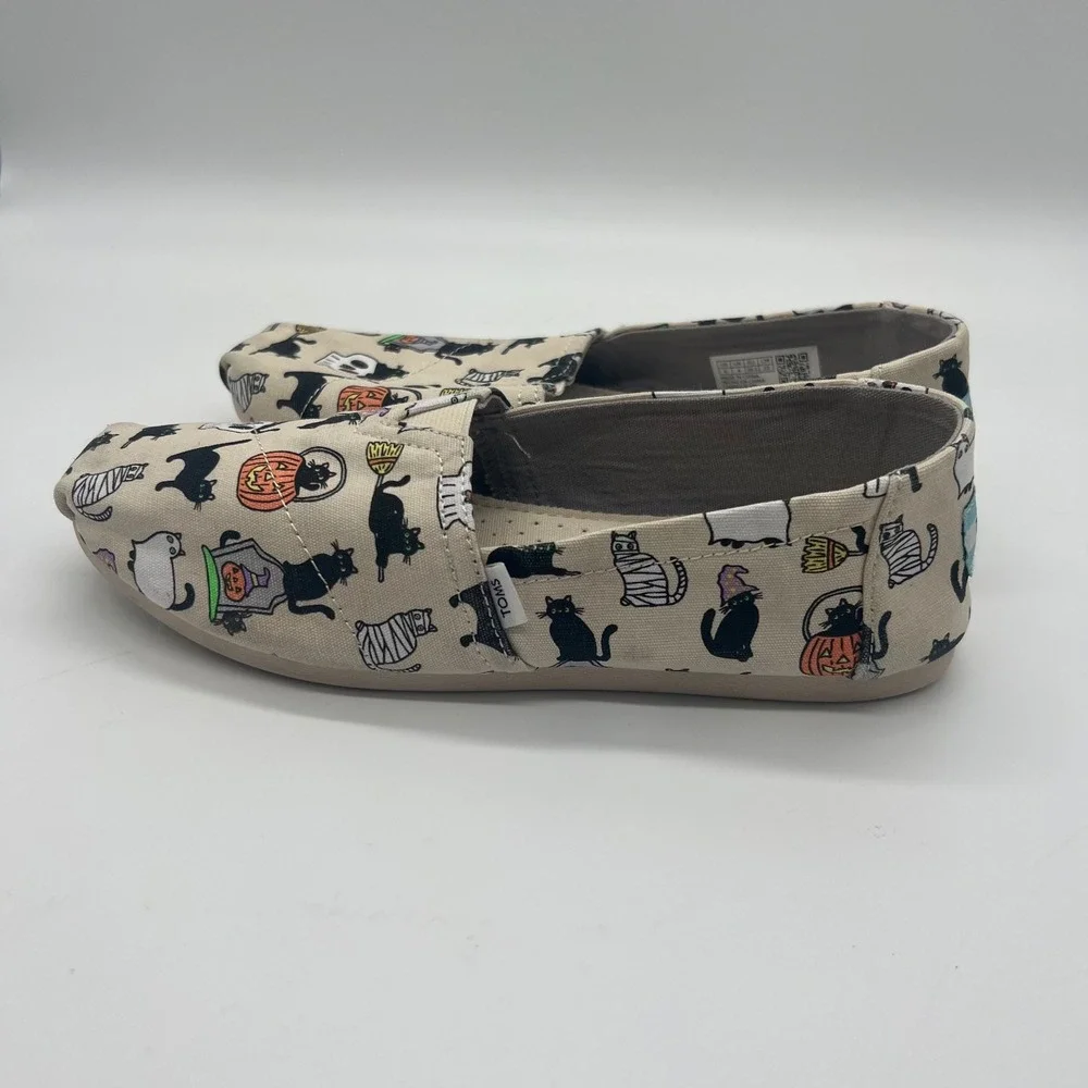TOMS Halloween Black Cat Skull Pumpkin Canvas Alpargata Slip On Shoes Womens 6